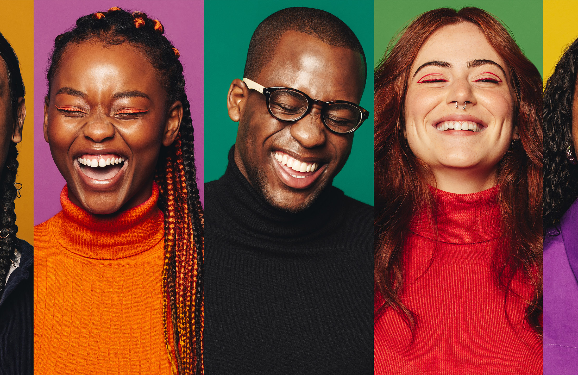 Diverse people smiling on different coloured backgrounds